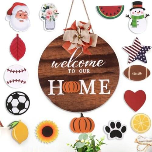 Wooden DIY Welcome Wreath Round Pendant Hanging Ornament Sign Artificial Flower Garland Home Door Decor