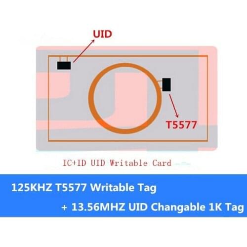 Dual 2 in 1 Chip 125KHz T5577 RFID + 13.56MHz UID Changeable S50 1K NFC IC+ID Composite Card Keyfob Token Tag Key Rewritable