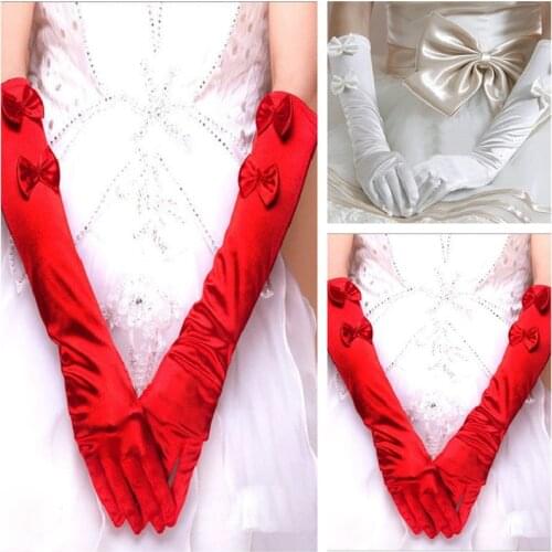 Elegant Ladies Cheap Wedding Gloves Long Bridal Glove White Red Satin Gloves Finger for Bride Accessoire Elbow Length with Bows