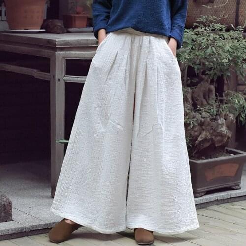 Johnature Women Vintage Pants Autumn Winter 2021 New Cotton Linen Solid Loose Soft Comfortably Brief Casual Wide Leg Pants