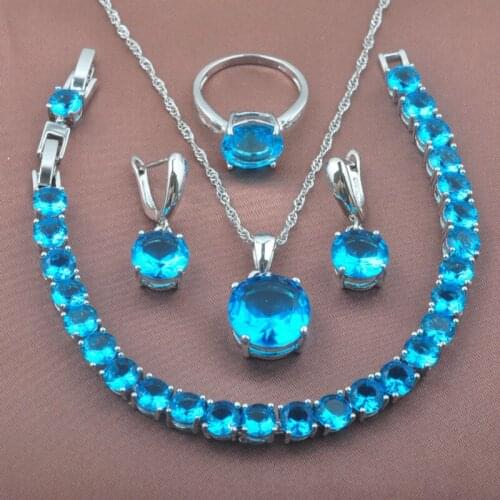 Classic Round Design Sky Blue Zirconia Silver Plated For Women Jewelry Sets Bracelet Pendant Earrings Ring YZ0220