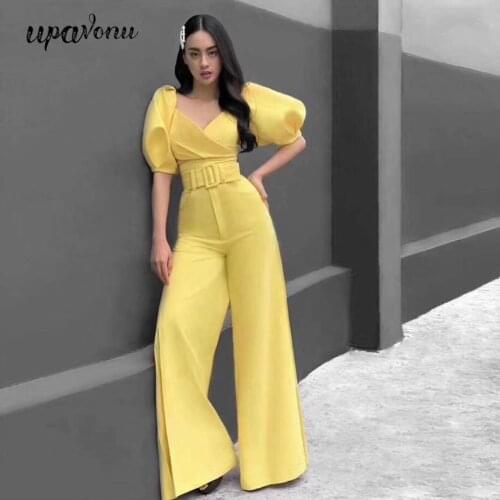 2020 New Summer Womens Two-Piece Set Yellow Black White Puff Sleeve Top & High Waist Side Split Flare Pants Set Club Party Sets