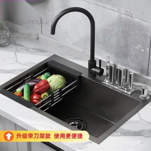 Kitchen Sink Single Tank Set Stainless Steel Dishwasher Thickened Water Basin Vegetable Basin Black Handmade Sink