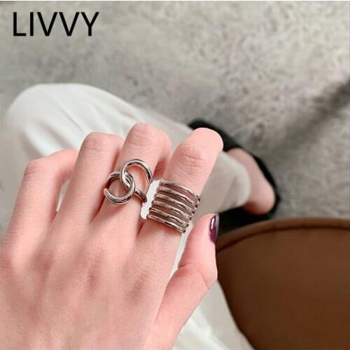LIVVY Silver Color Multilayer Line Wide Ring New Fashion Cross Twining Handmade Trendy Jewelry Adjustable