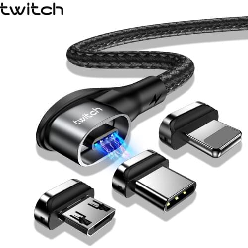 Twitch 90 Degree Magnetic Cable Micro USB Type C Charging Cable For iphone Samsung 3A Fast Magnet Charger Data Cable USB C Cord