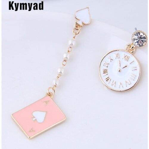 Kymyad Korean Trendy Fashion Earrings Clock Playing cards Asymmetrical Stud Earrings For Women Gold Color Enamel Earring