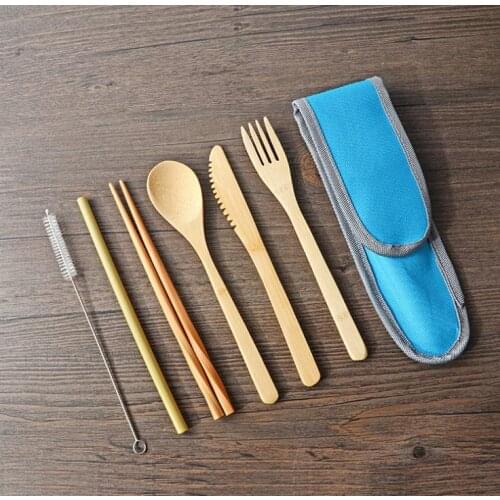 100sets Bamboo Cutlery Set Reusable Picnic Outdoor Flatware Set Travel Utensils Straw Spoon Knife Fork Spoon Brush SN1808