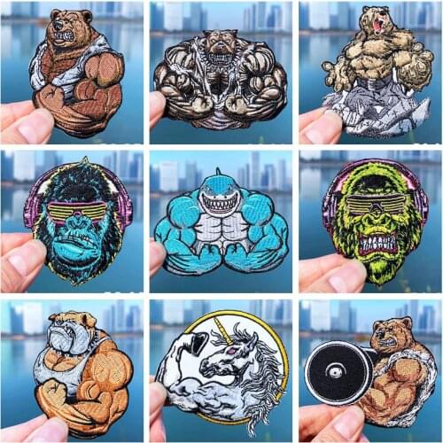 New Arrival Muscle Bear Embroidery Patches Cartoon Muscular Shark Iron Ons Punk Gorilla Thermo Stickers Power Badges for Men