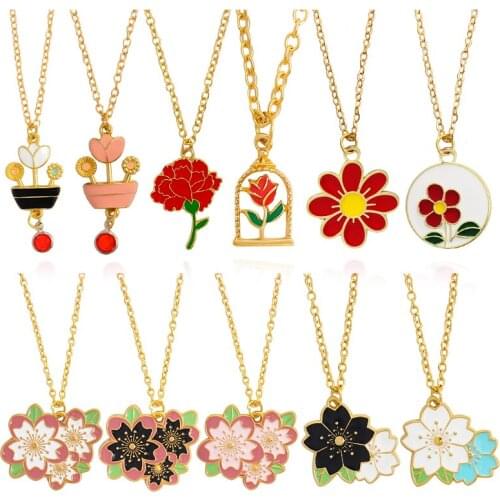 New Fashion Cherry blossoms Red Rose Sun Flower Pendant Necklace Colorful Flower Charm Party Necklace Female Friend Jewelry Gift