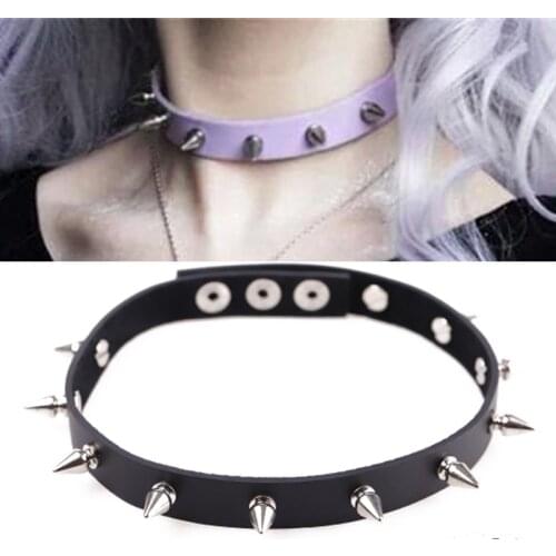 Handmade Punk Gothic Spiked Collar Fashion Button Studded Choker Spikes Collar Leather Necklace
