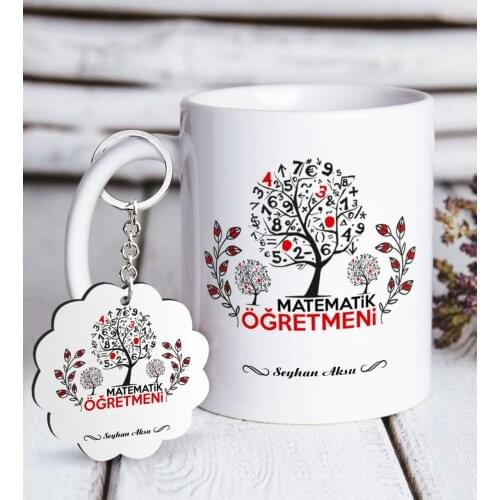 Personalized Math Teacher White Mug and Keychain Gift Seti-13