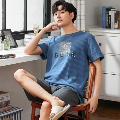 Summer Mens Cotton Pajamas Fashion BEAR Letter Cartoon Sleepwear Suit Cool Korean Blue Plus Size Short Sleeve Homewear Male