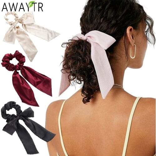 Solid Bow Satin Long Ribbon Ponytail Scarf Hairbands Scrunchies Korean Women Girls Elastic Hair Head Bands Ties Hair Accessories