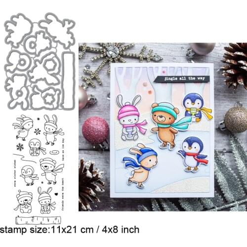 Christmas Skating Party Clear Stamps With Metal Cutting dies for DIY Scrapbooking Paper Cards Silicone Transparent Stempels Seal