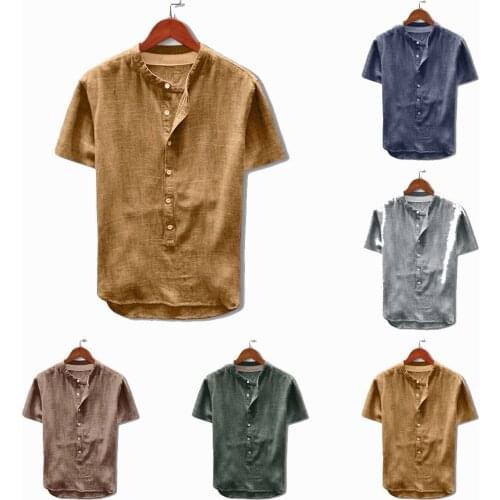 Mens Fashion Leisure Linen and Cotton Shirts Summer Button Casual Short Sleeve Top Blouse Solid Color T shirts 2021 New
