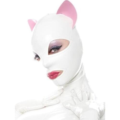 Sexy White Cosplay Cat Ear Latex Fetish Hood Mask Catsuit with Back Zipper