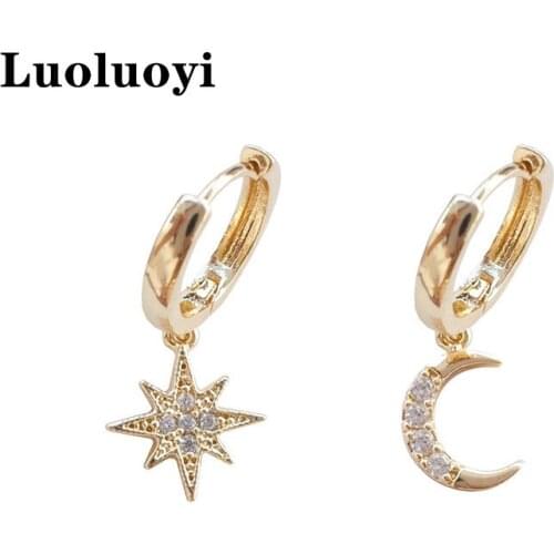 Tiny Trendy Cubic Zirconia Moon Star Drop Earrings Rose Gold Round Asymmetric Hoop Earrings For Women Jewelry dropshipping