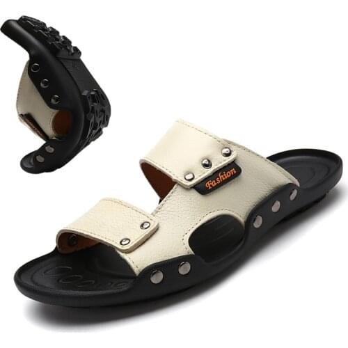 Summer Slippers Mens Sandals Genuine Leather Outdoor Breathable Fashion Brand Beach Shoes Flip Flops Slides Man Flat Sandals