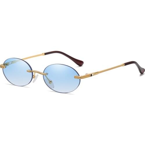 Fashion Oval Sunglasses Small Rimless Shades Luxury Brand Designer Women Men Metal Blue Sun glasses High Quality UV400 Eyewear
