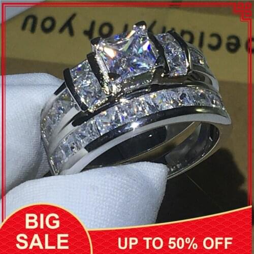 Bridal sets Jewelry Silver color ring Princess cut AAAAA Zircon Cz stone Engagement wedding band rings for women Gift