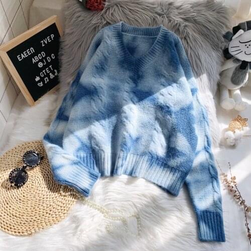 Tie Dye Sweater Women Casual V neck Pullovers Ladies Knitted Sweater Oversized Jumper Sweet Women Knitwear Long Sleeve Tops