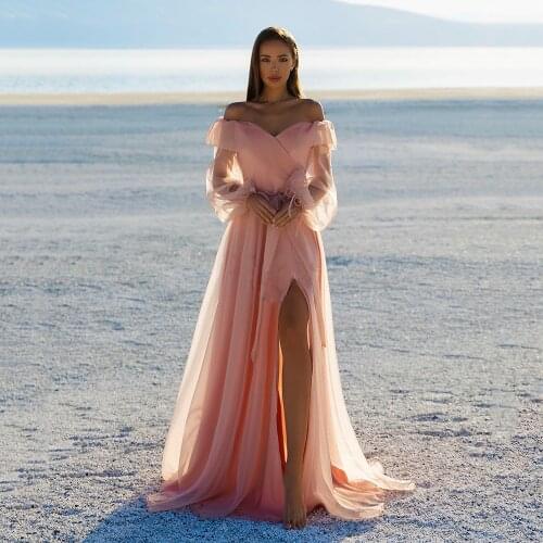 UZN Elegant Blush Pink A Line Satin And Tulle Prom Dress Sweetheart Long Puffy Sleeves Evening Gowns High Slit Party Dresses