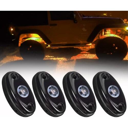 Amber LED Rock Lights 4 Pods Waterproof Underglow Neon Light For Jeep Offroad Truck ATV Boat Underbody Glow Trail Rig Lamp