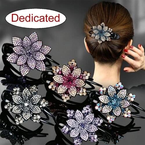Rhinestone Double Flower Hair Clip Flexible Durable Women Dovetail Hair Clip Gift