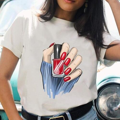 Women Cartoon Nail Make Up New Cute Kawaii T Top Shirt Regular Ladies Print Female Graphic Fashion Tee Short Sleeve T-Shirts