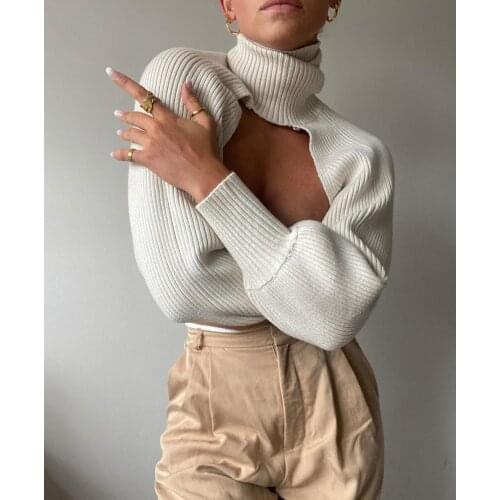 Puloru Women Turtleneck Sweaters Autumn Winter Knit Smock Crop Tops Casual Fashion Long Lantern Sleeve Pullover Tops Jumpers