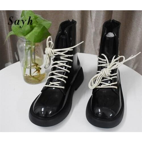 Women Boots Black Leather Platform Chunky Heel Ankle Boots Lace Up Bandage Luxury Brand Design Winter Motorcycle Boots