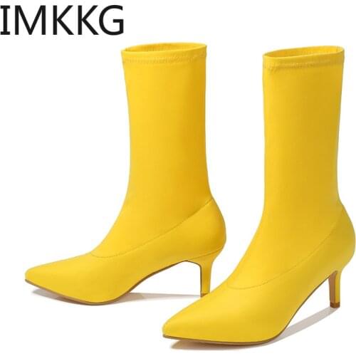 2019 Women Fetish Silk Sock Neon Boots High Heels Stretch Fashion Heels Ankle Boots Plus Size 42 Shoes