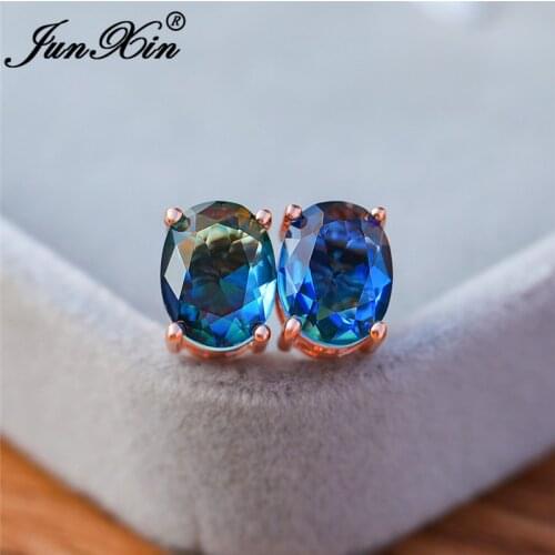 Female Male Blue Green Stone Oval Stud Earrings Rose Gold Gradient Rainbow Fire Crystal Wedding Earrings For Women Ear Jewelry
