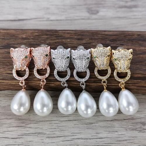 4Pairs Fashion micro pave Crystal CZ Leopard head Shell beads charm dangle earrings for women jewelry Xmas gift ER1113