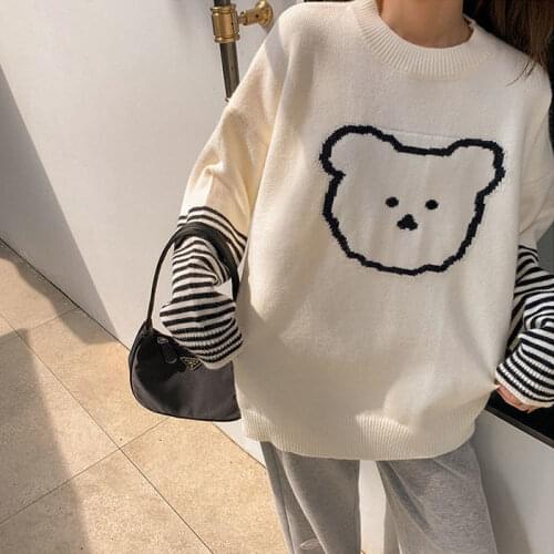 Woman Sweaters Chandails Autumn and Winter Striped Stitching Loose Outer Wear Long-Sleeved Bear Sweater for Women