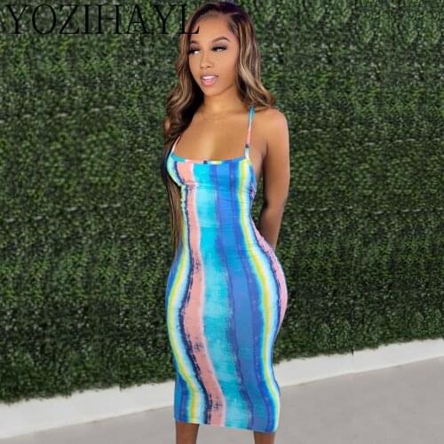 Ladies Ladies Sexy Backless Tight Skirt Sleeveless Blue Striped Back Cross Cream Mini Dress
