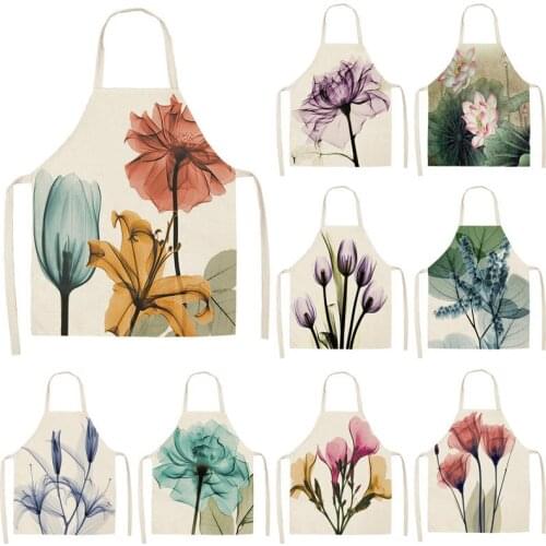 1Pcs Cotton Linen Flower Lotus Pattern Women Apron for Home Decorative Kitchen Restaurant Cooking Bib Aprons 53*65cm WQ0006