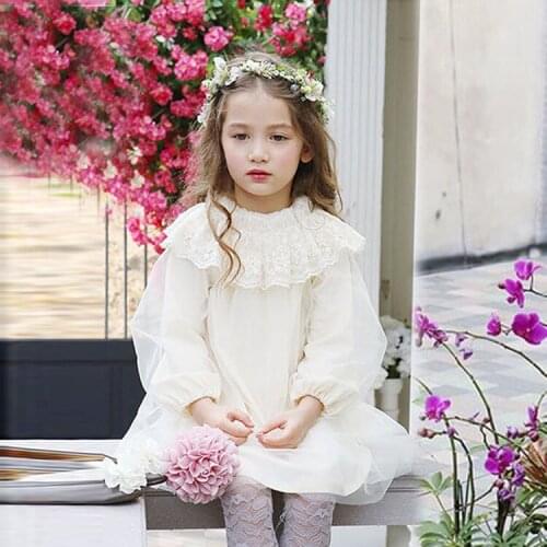 2017 Spring Summer New Girls Princess Dresses Custom Sweet Lace Collar Long Sleeved Princess Mesh Dress Clothes,pink/white