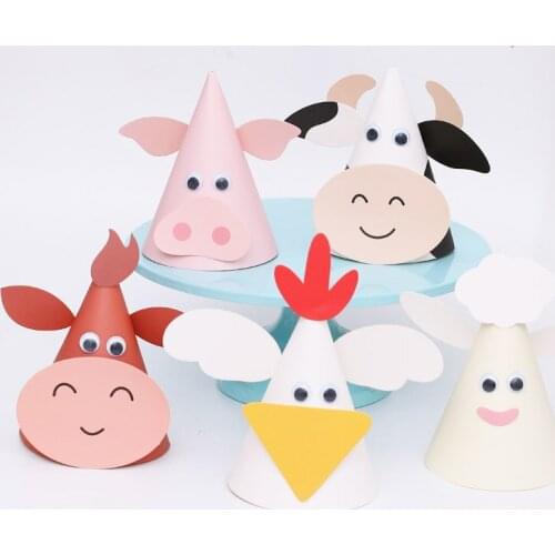 5 Pcs Farm Animal 3D Shape Birthday Party Hat Cow Pig Zodiac Cone Kraft Paper DIY Kids Birthday Cap for Birthday Party Decor