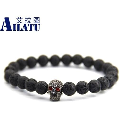 Ailatu High Grade 8mm Black Lava Stone Beads Jewelry with Micro Pave CZ Skull Bracelet Pulseira Hombres