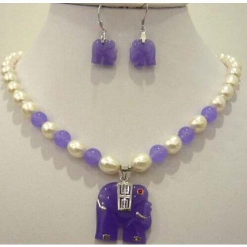 Free shipping White pearl purple Natural jade elephant pendant necklace earring set
