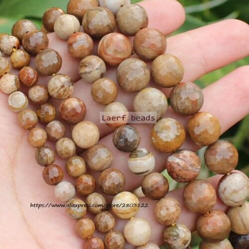 Natural Faceted Fossil Wood xylopal stone Round Loose Beads15''/Strand 6/8/10MM Pick Size For Jewelry Making