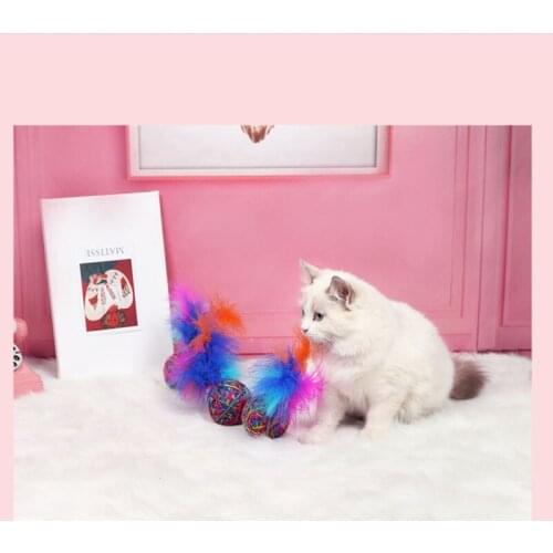 Pet Cats Dogs Toys Rainbow Shuttlecock with Feather Elasticity Ball Toy For Cat Kitten Toys Pet Interactive Game Supplies