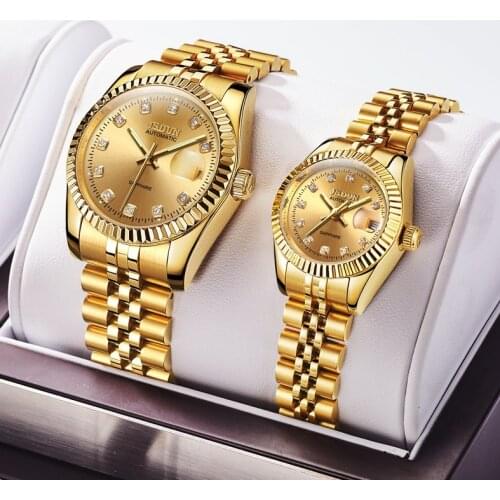JSDUN Fashion Couple watch Waterproof Automatic mechanical rolexes diary series 18Kgold watch top luxury his and hers gifts