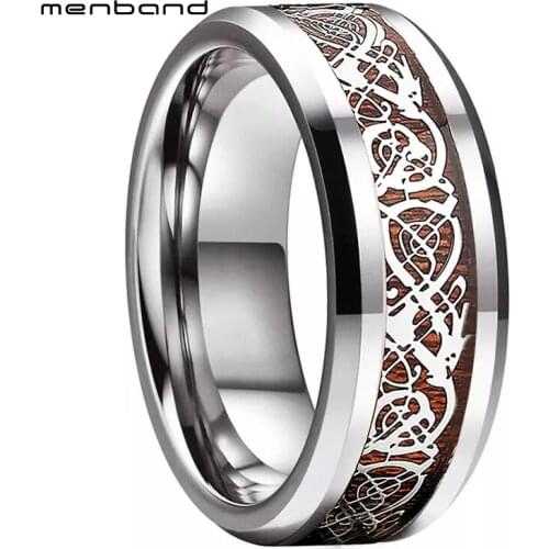 Original Color Tungsten Carbide Ring Wedding Band For Men Women With Wood And Dragon Inlay 8MM Comfort Fit