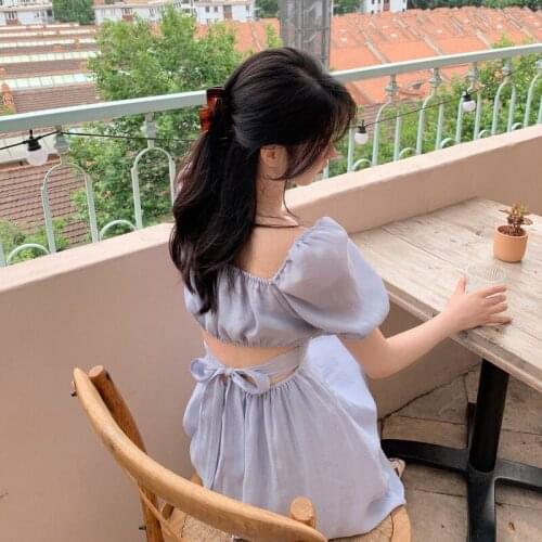 Summer Party One Piece Dress 2021 Korea Fashion Backless Design Pure Color Dress Women Casual Short Sleeve Elegant Kawaii Dress