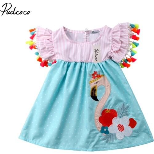 2018 Brand New Toddler Baby Girls Sweet Summer Dress Flamingo Colorful Tassel Sleeveless Sundress Striped Patchwork Dress 1-6Y