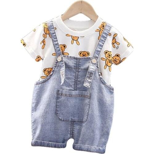 Summer Infant Boys Outfits Newborn Bear Printed Clothes Suit Baby Striped T-Shirt Overalls 2Pcs Toddler Girl Clothing Sets 1-5Y