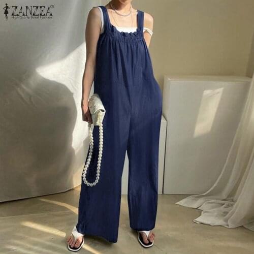 2021 ZANZEA Summer Women Wide Leg Jumpsuits Fashion Rompers Casual Backless Overalls Loose Straps Solid Long Playsuits Oversize