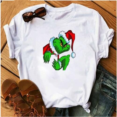 LINNA Womens T-shirt Funny Grinch T-shirt Womens Fashion Christmas Harajuku T-shirt Short Sleeve White T-shirt Top